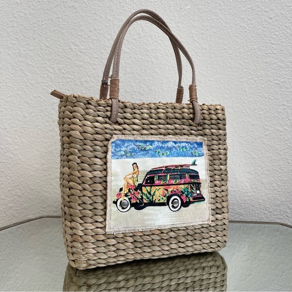 Vintage Y2K Beach Surf Volkswagen Bug Corn Husk Wicker Small Handbag Purse - Picture 1 of 13